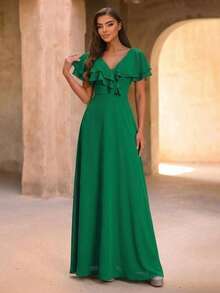 Smilprince Long Green Bridesmaid Dress, V-Neck, Ruffle Sleeve, Woven Fabric - Green - View 7