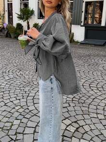 新款时尚优雅度假风领结长袖格子休闲衬衫，简约风格，适合通勤、日常穿着、下午茶聚会，四季皆宜。 - 黑底白條 - 查看 4