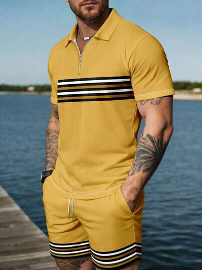 男式撞色条纹短袖拉链 Polo 衫和短裤套装