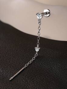 1Pc Dainty Delicate 925 Sterling Silver Chain Tassel Moissanite Piercing Earrings Set, 3-Prong Clover Design Flat Back Cartilage Studs, Hypoallergenic Jewelry Gift For Women Girls Daily Wear Party Wedding Season - Silver - View 5