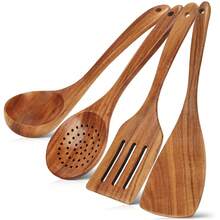 AIUHI Bộ 4 dụng cụ nhà bếp bằng gỗ, gồm thìa và muỗng gỗ dùng để nấu ăn, dụng cụ bằng gỗ chống dính. - màu nâu - Xem 8