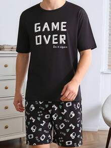 男士夏季休闲两件套睡衣，圆领，字母卡通印花 - 黑色 - 查看 4