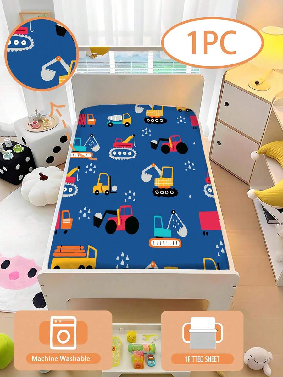 1件 110g 藍色工程車兒童床單 3D卡通印花床單 適用於兒童房 幼兒床 嬰兒床 嬰兒推車 100%聚酯纖維(無填充) - 彩色 - 查看 1
