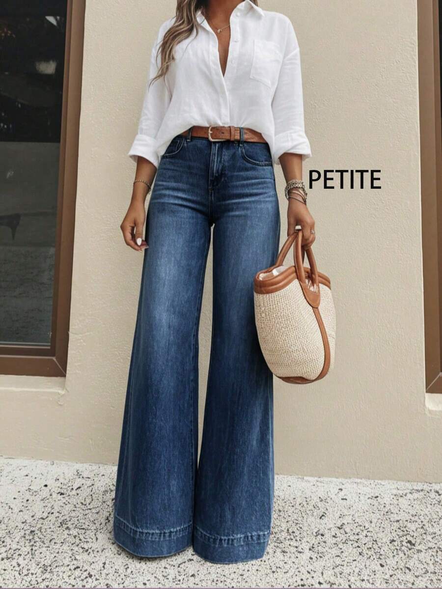 PETITE Vintage Washed Wide Leg Women's Jeans, Loose Flattering Casual Long Pants - Dark Wash - View 1