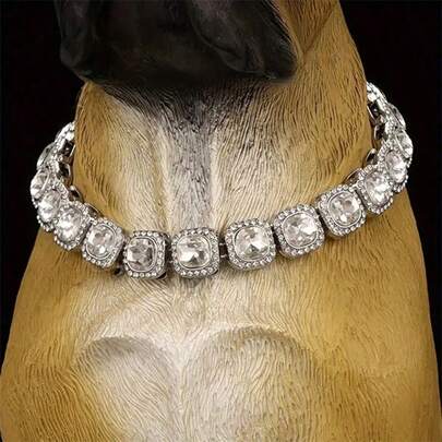 Cube-Shaped Pet Necklace, Cuban Link Chain, Hip-Hop Style, Durable Zinc Alloy Material, Adjustable Size, Suitable For Cats And Dogs