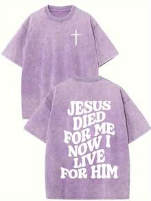 1 Piece 230G Retro T-Shirt For Unisex, JESUS DIED FOR ME NOW I LIVE FOR HIM Print Oversized Cotton Solid Drop Shoulder T Shirts For Men Vintage Streetwear Basic Tees Baggy Hip Hop Unisex Tops Acid Wash T ShirtRound Neck Loose Fit T-Shirt - Light Purple - 查看 7
