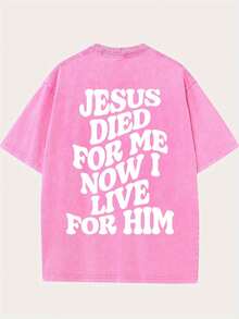 1 Piece 230G Retro T-Shirt For Unisex, JESUS DIED FOR ME NOW I LIVE FOR HIM Print Oversized Cotton Solid Drop Shoulder T Shirts For Men Vintage Streetwear Basic Tees Baggy Hip Hop Unisex Tops Acid Wash T ShirtRound Neck Loose Fit T-Shirt - 玫紅色 - 查看 2