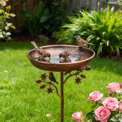 1个户外花园鸟浴盆，重型金属框架，无需电池，全天候防风雨设计，适合蜂鸟和其他鸟类，复古庭院装饰，带喂食器 - 易于安装，适合庭院和花园。