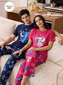 Disney Bộ đồ ngủ đôi 2 món cho ngày Valentine, bộ đồ ngủ nữ tay ngắn và quần dài mềm mại, đồ mặc nhà thoải mái thường ngày. - Đỏ - Xem 2