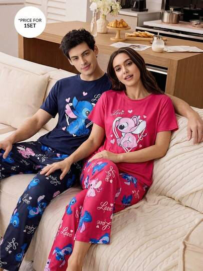 Disney 2 piezas Conjunto de pijama para parejas en el Día de San Valentín, Conjunto de pantalones y parte superior de manga corta suave para mujer, Ropa de dormir cómoda y casual