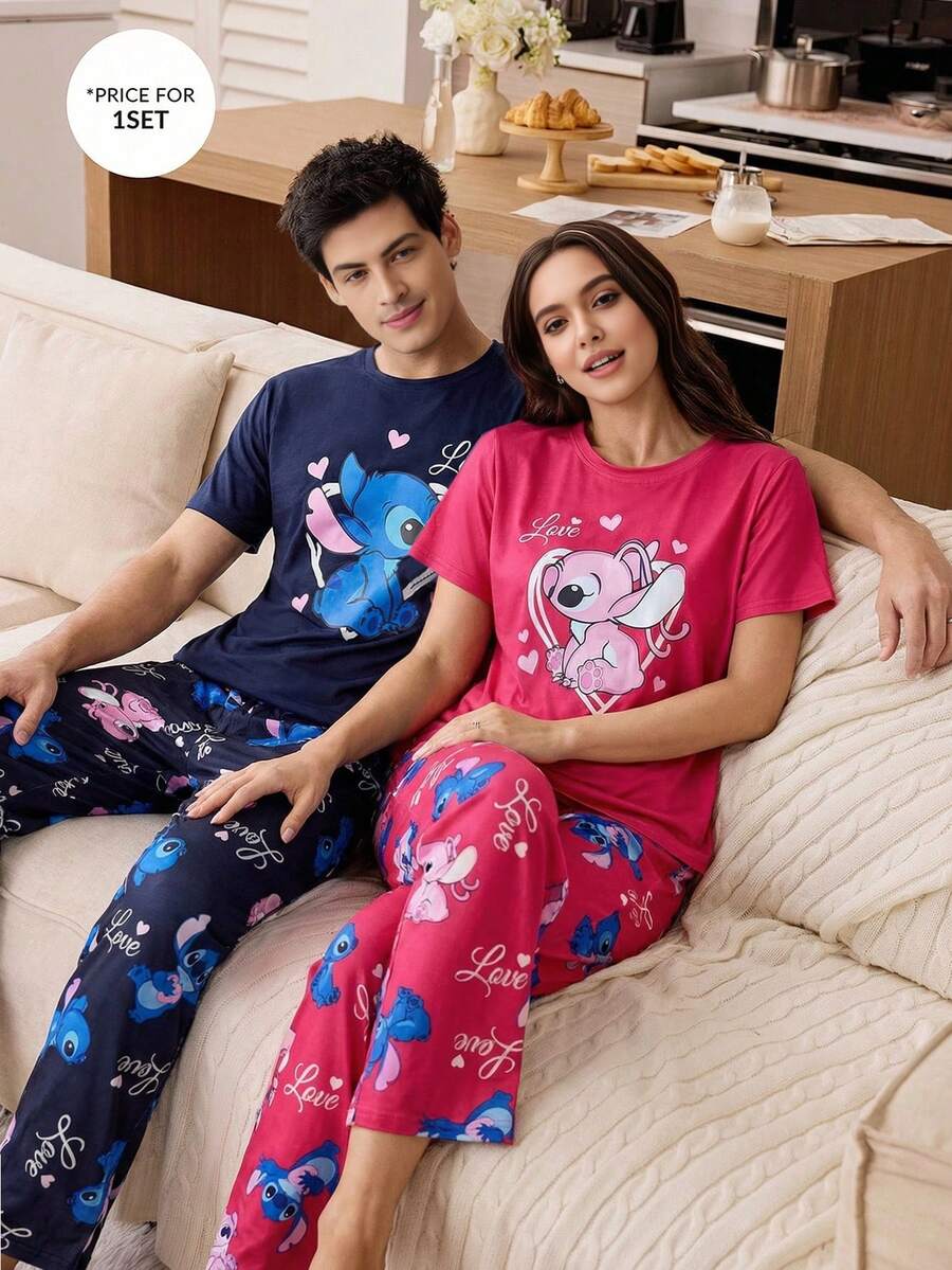 Disney Bộ đồ ngủ đôi 2 món cho ngày Valentine, bộ đồ ngủ nữ tay ngắn và quần dài mềm mại, đồ mặc nhà thoải mái thường ngày. - Đỏ - Xem 1