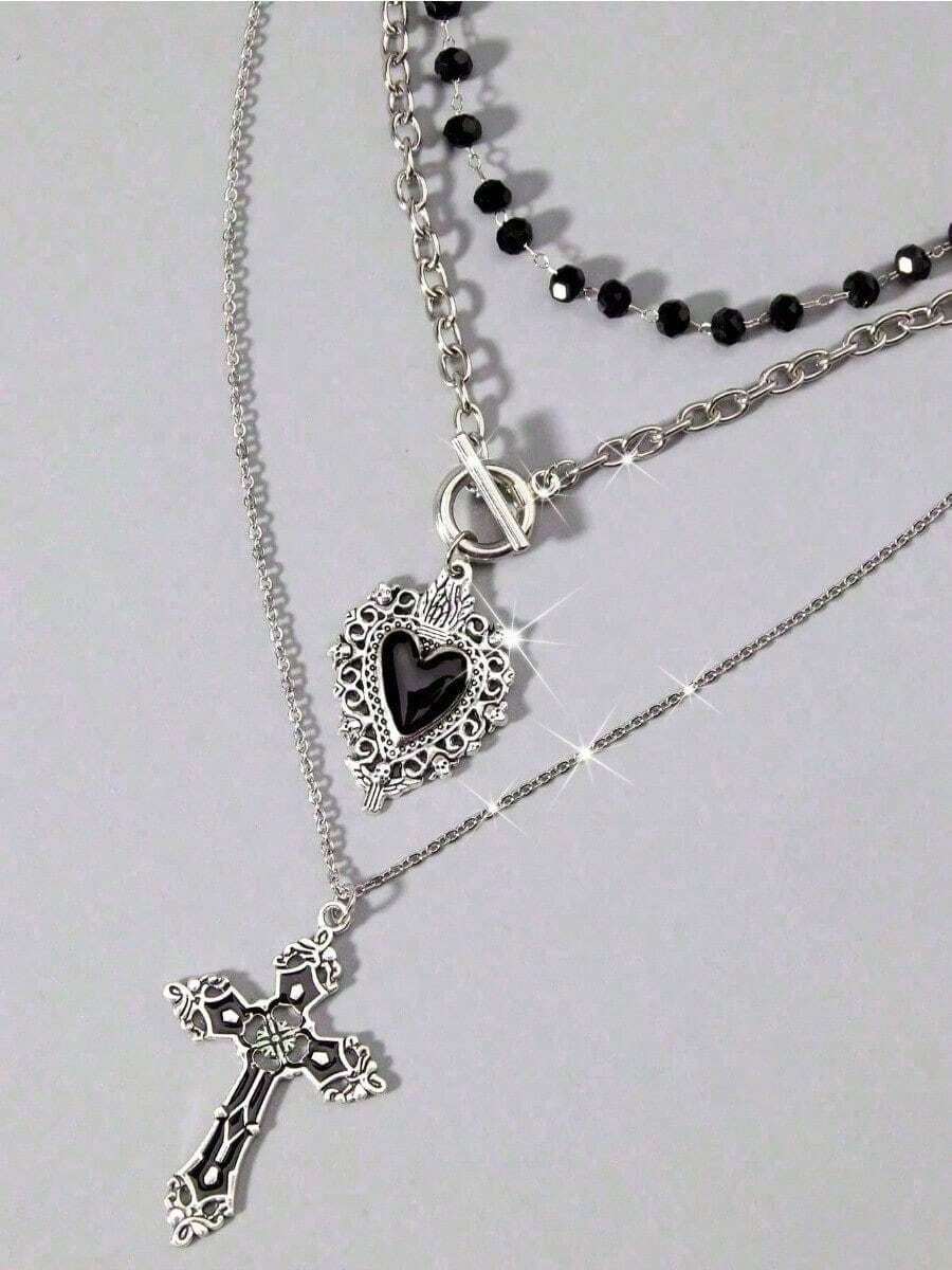 3pcs Vintage Gothic Style Beaded Black Heart OT Chain, Punk Rock Retro Sweet Goth Necklace, Dark Gothic European & American Y2K Choker Necklace Design European American Style Stackable Clavicle Chain Jewelry All-Match Design Everyday Wear Evening Party Street Style Her Female Friends Lover Festival Accessories - 銀 - 查看 1