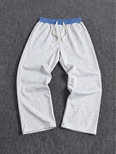 1pc Men's Loose Fit Straight Leg Sweatpants, Waistband Patchwork Design, Side Pockets, Comfortable Spring/Autumn Sports Style Pants, Knit Fabric, Durable Material