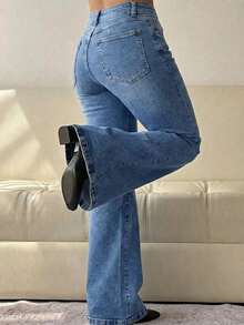 Women's Casual Long Denim Flare Leg Jeans With Pockets And Button Zipper Closure Slight Stretch Washed Design - 藍色 - 查看 5