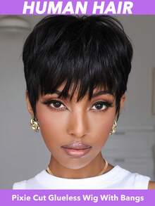 180% Density Human Hair Pixie Wig - 4 Inch Straight Pure Black Brazilian Human Hair Wig With Rose Net Cap, No Lace Front, Easy To Wear For Women Of All Ethnicities & Dark Brown, Quick Hairstyle, Sleek Hairstyle, Beauty Enhancement, Quick Hairstyle Change, Professional Hairstyle - Multicolor - View 10