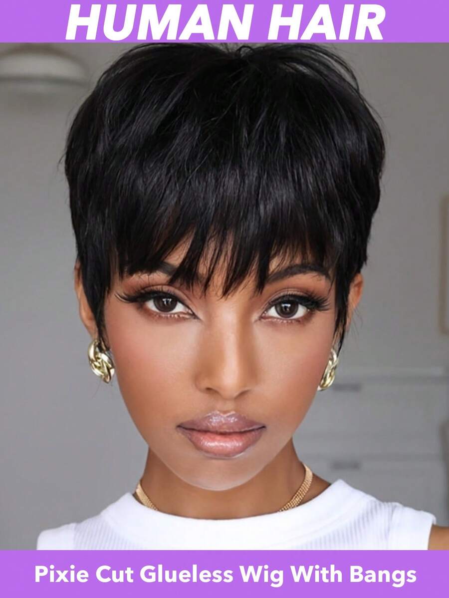 180% 密度真人发精灵短假发 - 4 英寸直发纯黑色巴西真人发假发，配玫瑰网帽，无蕾丝前额，易于佩戴，适合所有种族和深棕色头发的女性，快速打造时尚发型，提升美感，轻松变换发型，专业发型 - 彩色 - 查看 1