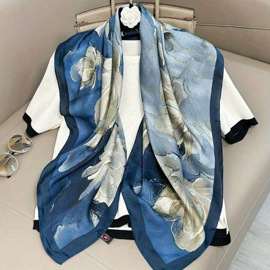 1pc Navy Blue Floral Print Lightweight Headscarf/Shawl, Cream Yellow Flower Bohemian Breathable Scarf Accessory For Spring/Summer, Great Gift - Multicolor - View 1