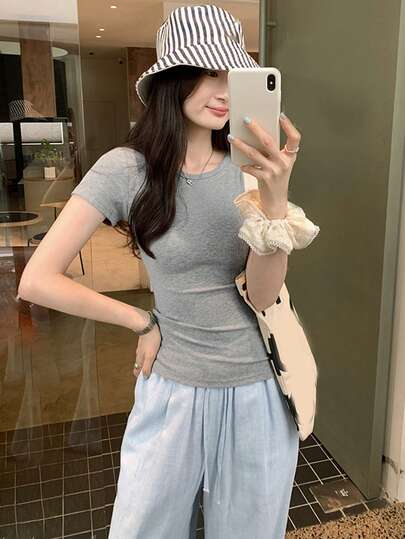 Áo thun ngắn tay cổ tròn vai thường thời trang dành cho nữ, áo mùa hè kiểu dáng thường ngày