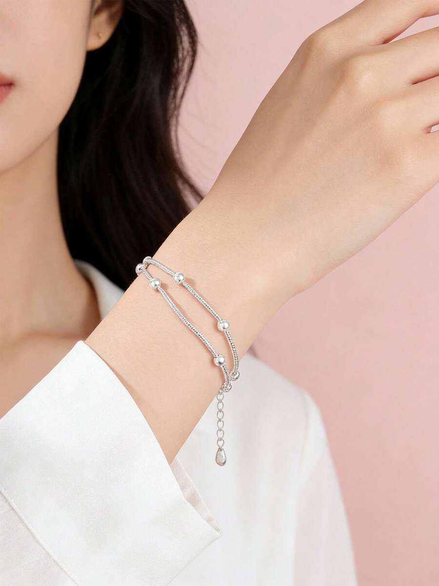 Double-Layered 925 Sterling Silver Pendant Bracelet, Minimalist Korean-Style Design With Multiple Stackable Layers, Fashionable Jewelry For Everyday Wear (Local Shipping, Fast Delivery) - Style 1 - View 1