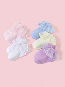 5 pares de calcetines cortos de estilo princesa con adorno de encaje de colores caramelo para niñas, con bordado de encaje de malla transpirable, moda, suaves y cómodos, adecuados para uso casual, al aire libre, actuaciones de baile, vacaciones, vuelta al colegio, bodas, primavera/verano - Multicolor - Ver 3