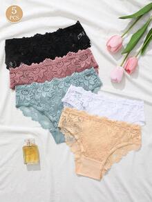 5pcs/Set Women Lace Floral Low-Waist Panties, Soft & Comfortable Ladies Underwear Sexy Basic Triangle Briefs, Minimalist Daily Wear - Multicolor - View 3