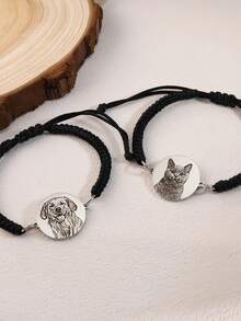 1pc Customized Photo & Name Bracelet, Personalized Stainless Steel Disc Bracelet, Laser Engraved Photo & Name, Custom Photo, Pet Portrait Bracelet, Braided Cord Chain, Pet Memorial Gift, Mother's Day Gift, Pet Lover Gift - Custom-carved Bracelet - View 5