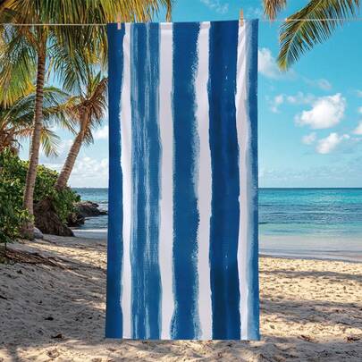 1pc Blue Watercolor Striped Print Beach Towel/Bath Towel, Single-Sided Printing, Quick-Drying Super Soft Fiber Beach Towel, Sunscreen Shawl Blanket, Yoga Mat, Portable Holiday Beach Pool Sports Towel, Skin-Friendly Soft Gift Towel, Lightweight Towel For Bathroom And Beach