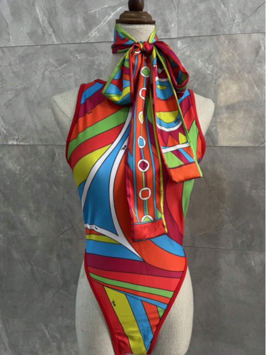 2026 New Retro Abstract Print Bikini Set Pink Black Color Block Tie-Up Beach Vacation Swimsuit - Red - View 1