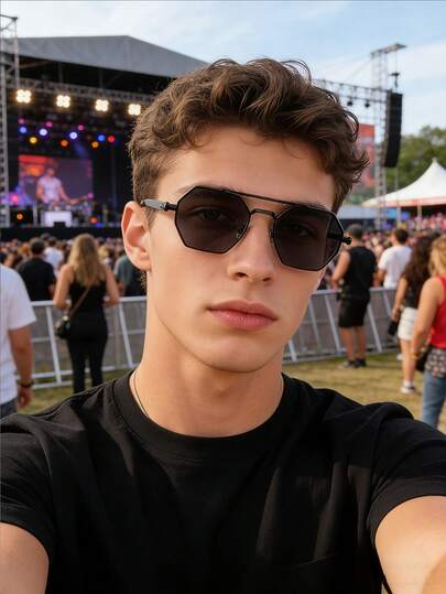 1 Pair Of Smooth Black-Framed Polygonal Fashion Glasses, Alloy Material, Anti-Ultraviolet, Retro Style, Y2K Fashion Glasses, Textured Temple Arms, Perfect For Street Photography