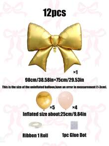 12pcs Large Gold Bow Foil Balloons, Gold & Macaron Color Latex Balloon Set, Includes Ribbons & Glue Dots For DIY, Suitable For Wedding, Engagement, Anniversary, Princess Party, Birthday Party Decoration - Gold - View 6