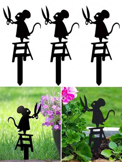 2个亚克力装饰花园插牌，老鼠剪影花园标牌，户外花园盆栽植物装饰插牌，装饰艺术风格草坪标牌，适用于庭院、露台、花园、盆栽植物