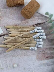 100pcs Customized Text/Logo Wedding Favor Pencils, Engraved Short Wooden Pencils For Wedding Guest Gifts, Student Short Wooden Pencils, Back To School - Wood Color - View 2
