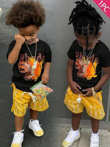 Boys' Cotton Round Neck T-Shirt, Casual And Comfortable Spring And Summer Short-Sleeved Printed Top - 黑色 - 查看 2