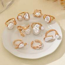 9 Pieces Open Pearl Ring Personalized Light Luxury Baroque Geometric Finger Ring For Women Daily Wear - Multicolor - View 2
