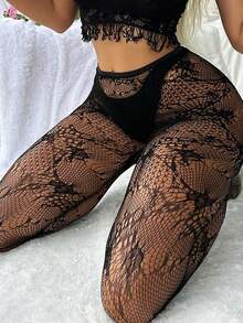 1 Pair European & American Style Women Floral Jacquard Pantyhose, Hollow Out Lace Fishnet Stockings - 黑色 - 查看 3