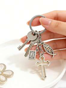 Street Style Single Cross Bible Pendant Keychain Car Accessories Bag Charm Campus Cute Gothic Y2k - Antique Silver - View 1