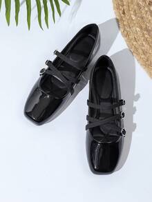 复古学院风玛丽珍鞋，三条绑带设计，百搭休闲女鞋 - 黑色 - 查看 2