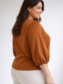 Women's Blouse With 3/4 Sleeves, Crepe Fabric, Duna Style, Elegant, Workwear, Plus Size (GG, G1, G2, G3), Evangelical Fashion - Caramel Brown - 焦糖布朗 - 查看 3