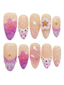 10 piezas de uñas postizas hechas a mano con flores rosas y moradas románticas, uñas falsas cortas de almendra con estilo francés de puntos, con flores 3D de perla y degradado, para primavera, picnic y uso diario, con pegamento de gelatina y lima de uñas, suministros de arte de uñas DIY - Multicolor - Ver 5