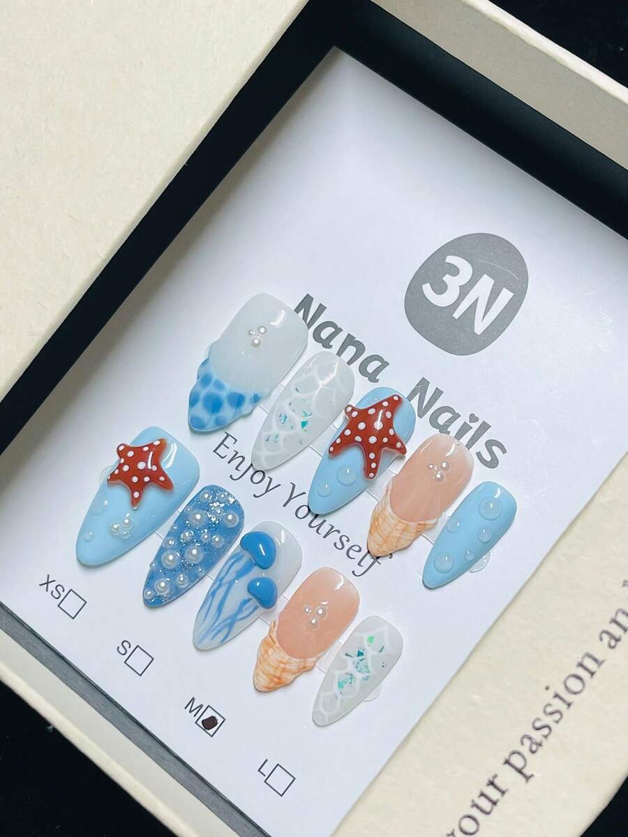 1package/10pcs-Ocean Breeze 3D Starfish & Seashell Press On Nails | Summer Beach Almond Fake Nails With Pearl & Mermaid Scale Design - Multicolor - View 1