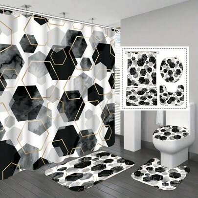 1/3/4件套创意现代奢华工业风混合几何图案浴室帘套装，包含浴垫、马桶垫、U型垫，聚酯纤维材质，家居浴室装饰，节日礼物，送给自己、朋友和家人