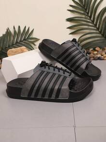 Dép lê thể thao nam thiết kế sọc, dép xỏ ngón đế dày cổ điển mùa hè 2026, dép đi biển, dép nghỉ mát. - Xám - Xem 2