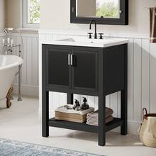 24" Bathroom Vanity With Ceramic Sink, Freestanding Solid Wooden Frame Vanity With Porcelain Basin, Industrial,2-Door Storage Cabinet & Open Shelf For Small Place Bathroom Accessories,Black - 黑色的 - 查看 1