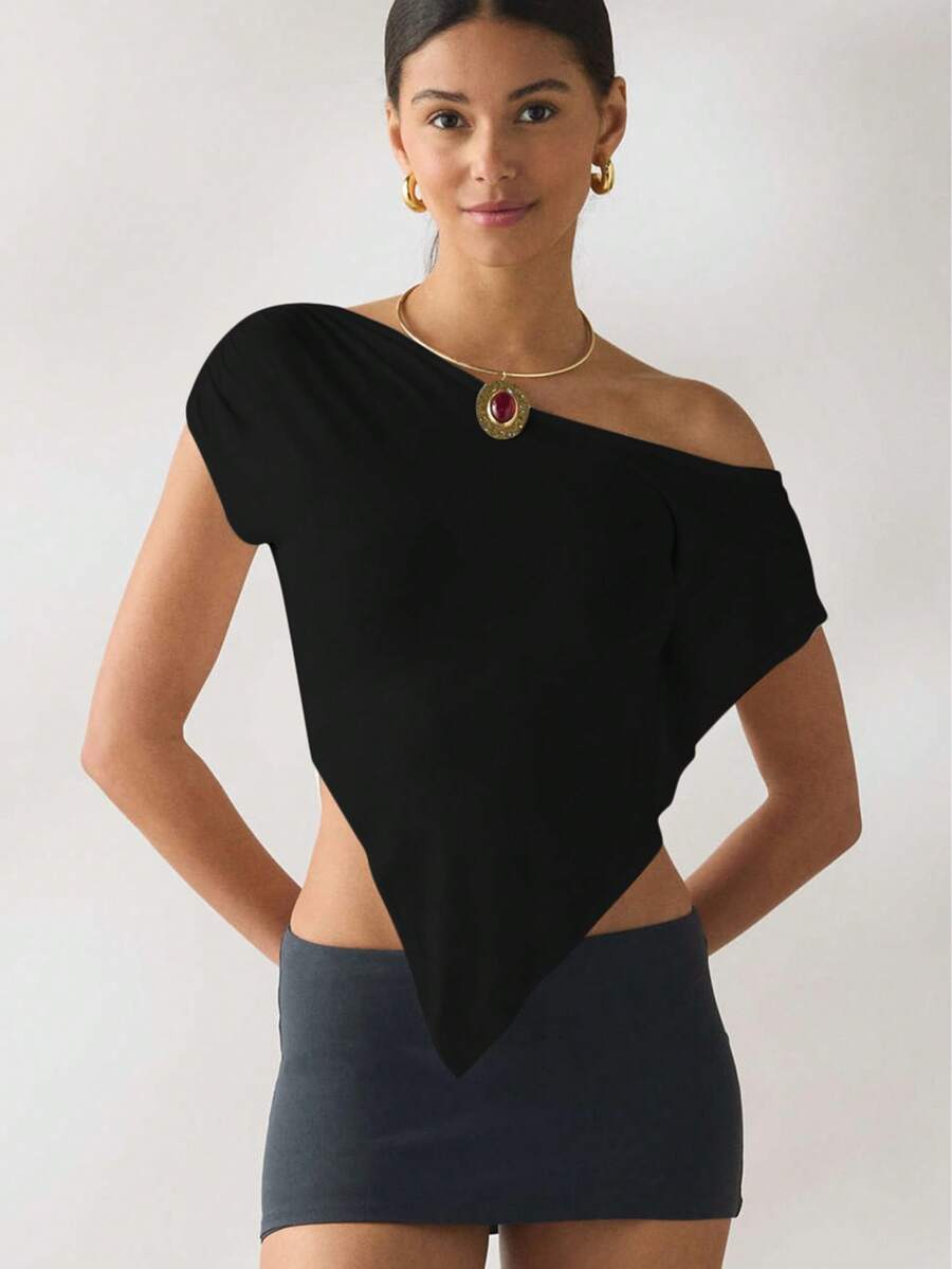 Gym Wear Women Gym Top Black Top Jersey Knit Asymmetric Off-The-Shoulder Poncho Gym Tops For Women - Black - View 1