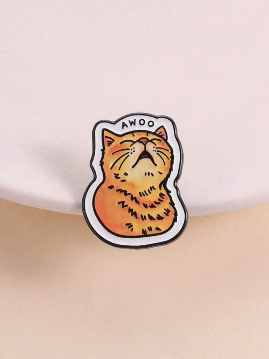 1pc Cute Orange Tabby Cat Brooch, Closed Eyes Howling "AWOO" Onomatopoeia, Cat Themed Badge, Minimalist Design, Daily Wear Accessory Gift