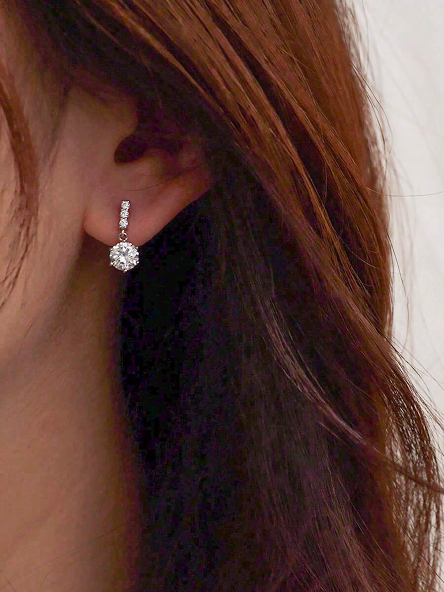1 Pair Fashion Minimalist Full Rhinestone Pave Stud Earrings, Niche Premium Sparkling Zirconia Ear Studs Earrings Jewelry For Women - Silver - View 1