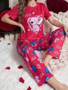Disney Bộ đồ ngủ đôi 2 món cho ngày Valentine, bộ đồ ngủ nữ tay ngắn và quần dài mềm mại, đồ mặc nhà thoải mái thường ngày. - Đỏ - Xem 5