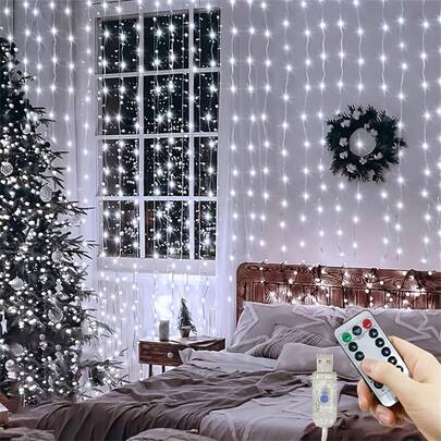 1个300/200/100 LED窗帘灯，带遥控器，8种灯光模式，USB供电，适用于圣诞节、万圣节、母亲节、卧室、窗户、客厅、墙壁、婚礼、派对装饰