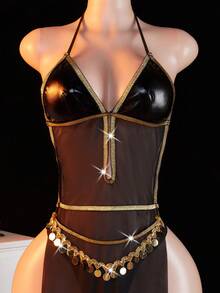 3件套女士性感PU皮革亮片腰带露背开衩内衣套装，适合居家、夜店、私人派对或角色扮演，性感内衣 - 黑色 - 查看 5