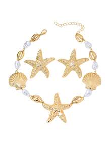 Set Kalung & Anting Liontin Bintang Laut, Mutiara, Kerang, dan Kepiting Gaya Laut 3pcs/Set, Cocok untuk Pakaian Sehari-hari & Liburan Wanita - Yellow Gold - View 6